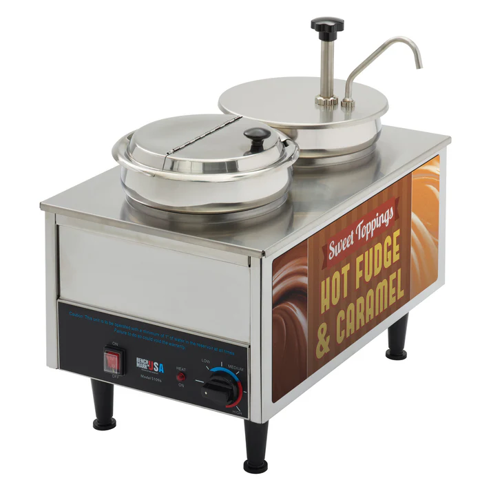 BenchmarkUSA "Hot Fudge & Caramel" Food Warmer - 1 Pump, 1 Ladle, 1 Lid