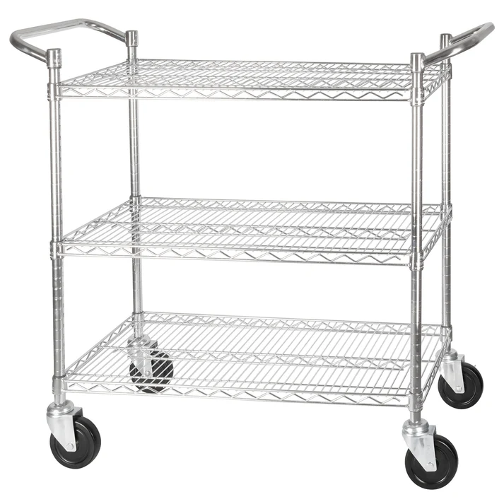 - 3-Tier Wire Shelving Cart, Chrome Plated, Double Handle with Brake - 18" x 36"