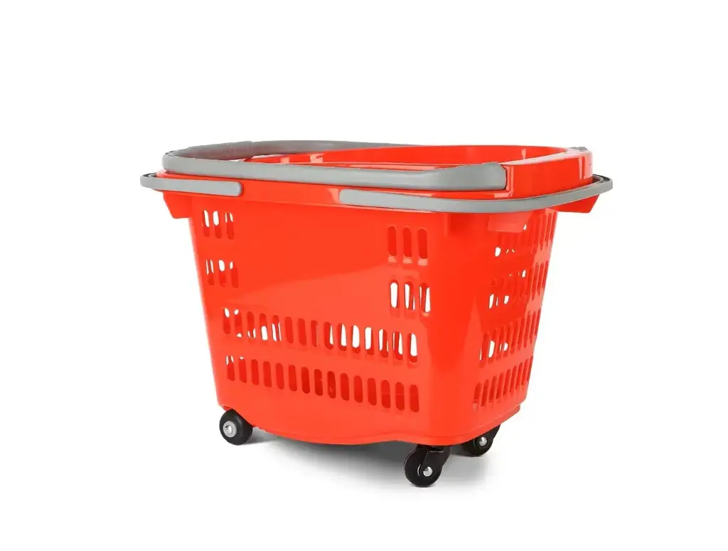 Red Plastic Supermarket Shopping Basket With Wheels