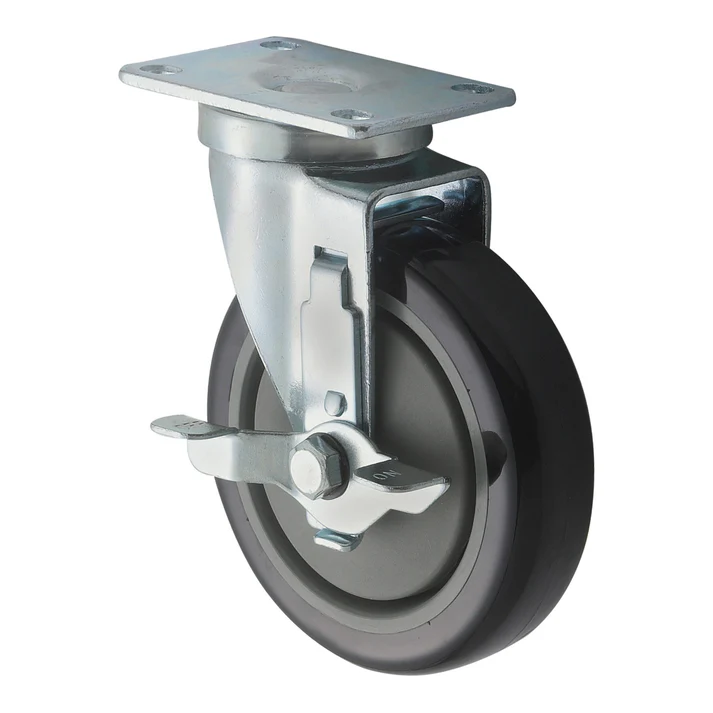 Universal Plate Caster Set with Brake, 2-3/8" x 3-5/8" Plate, 5" Wheels