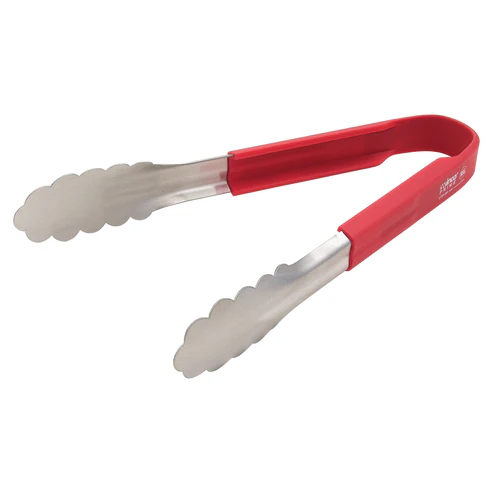 Winco Prime 9" Stainless Steel Utility Tongs with Red Silicone Handle