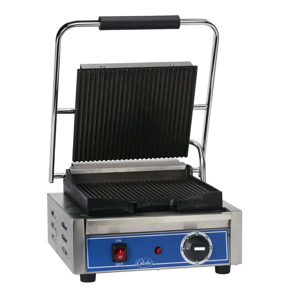 Globe  Single Commercial Panini Press w/ Cast Iron Grooved Plates, 120v