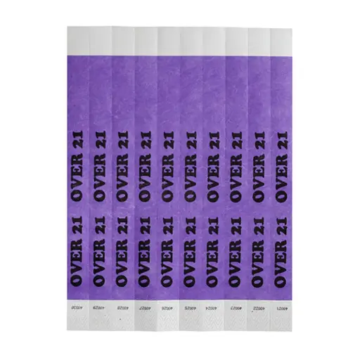 [WB-OVER21]  Bar Maid Waterproof Tear-Free Wristbands - OVER 21 (Purple/Black) (500 Pieces/Pack)