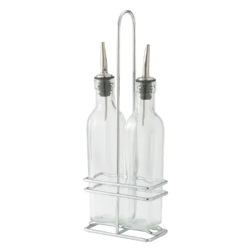 [GOB-16S] Oil/Vinegar Cruet Set with Chrome Plated Rack & Two Bottles - 16 oz