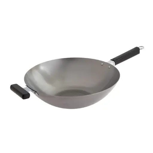 [J22-0060] Joyce Chen Uncoated Carbon Steel Flat Bottom Wok with Phenolic Handles, 14"