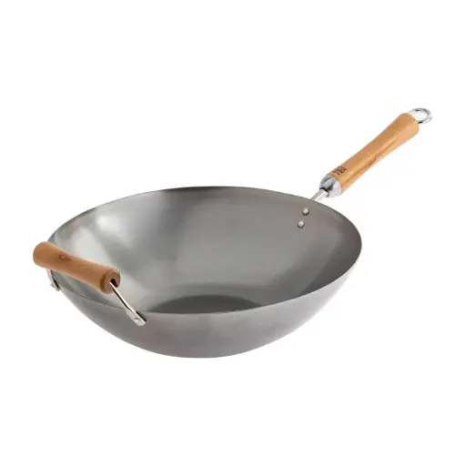 [J21-9978] Joyce Chen Uncoated Carbon Steel Flat Bottom Wok with Birch Handles, 14"