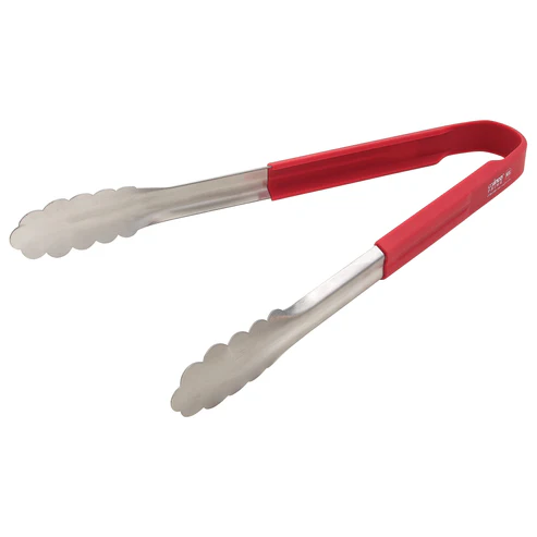 [UTSH-12R] Winco Prime 12" Stainless Steel Utility Tongs with Red Silicone Handle